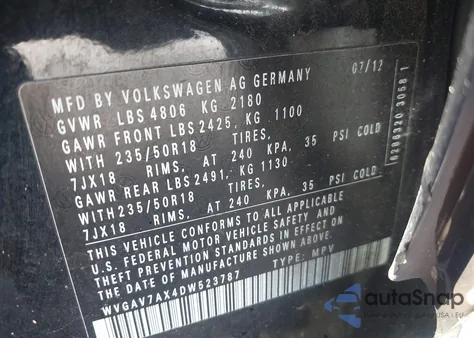 2013 Volkswagen Tiguan Se z USA, uszkodzony, nr VIN WVGAV7AX4DW523787